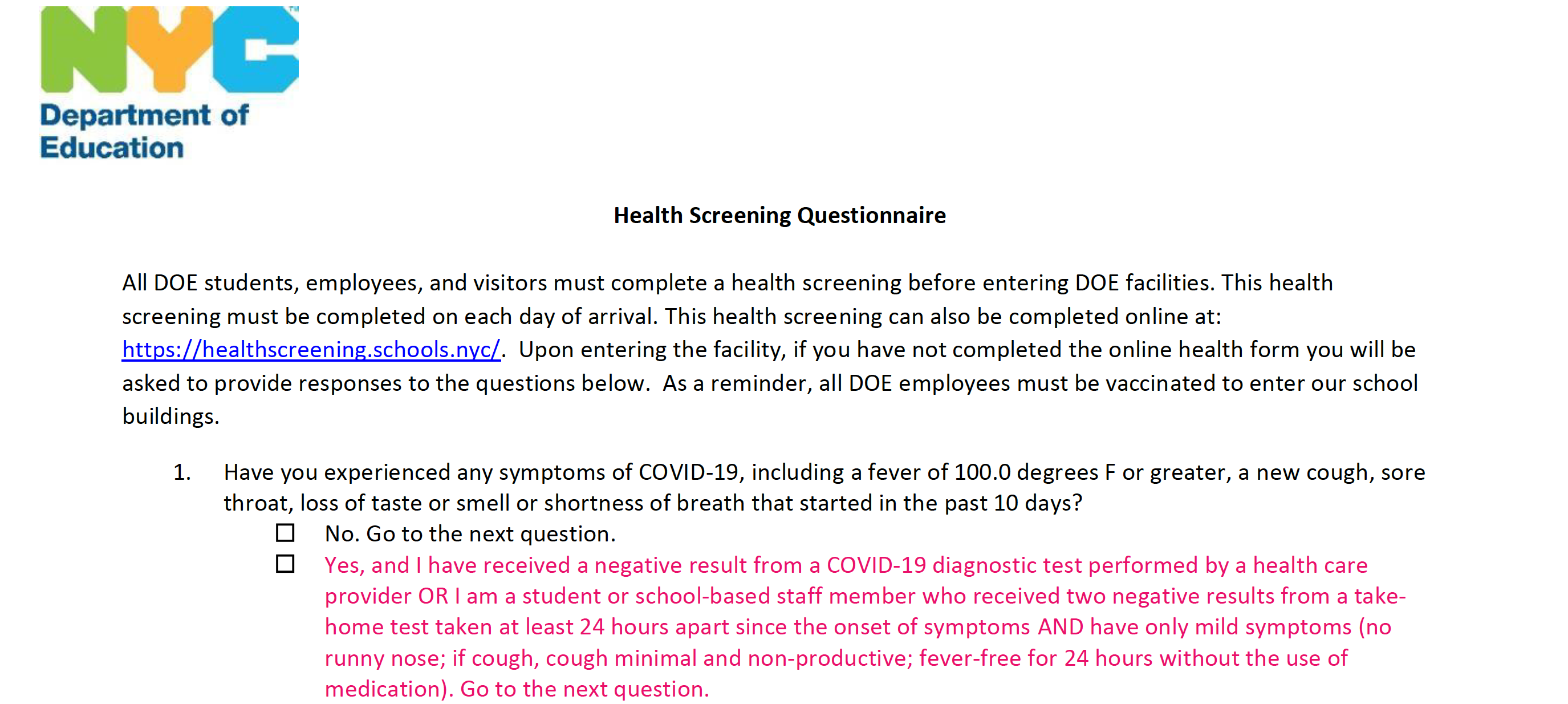 NYC DOE Covid Screener Reads Like a Bad Math Riddle